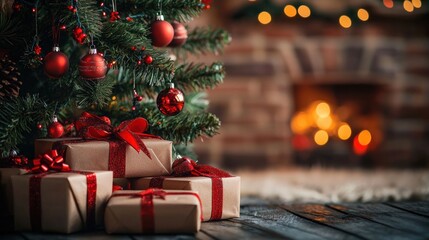 Bundle of wrapped gifts tied with festive ribbons and placed under a decorated Christmas tree