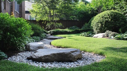A charming garden scene at the back of an office, with carefully placed rocks, trimmed hedges, and soft green grass.