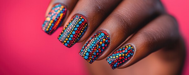 A close-up of a hand showcasing colorful, intricately designed nail art against a vibrant pink background.