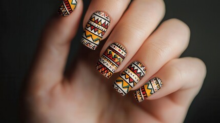 Colorful tribal nail art featuring intricate geometric patterns on well-manicured hands against a dark background.
