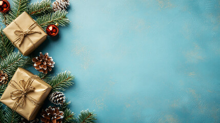 Elegant gold-wrapped gifts surrounded by pinecones and holiday decorations on a blue background