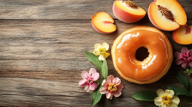 Peach-filled donut with a caramel glaze, isolated on a rustic wood background with peach slices and edible flowers