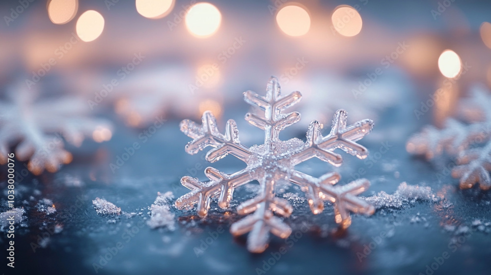 Poster delicate snowflake resting on a shimmering surface with festive lights in the background