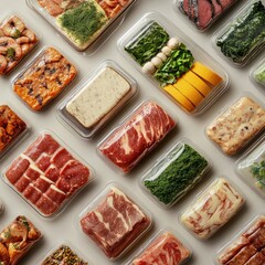 A variety of packaged artificial meats, arranged neatly in a top-down view, highlighting the diversity of plant-based products