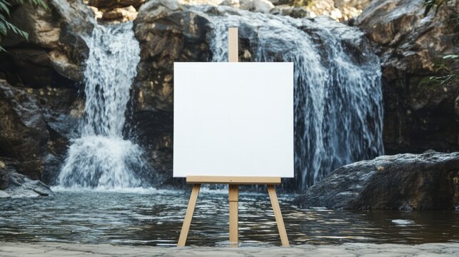 A blank canvas mockup on an easel set against a waterfall backdrop is perfect for art related content and workshops.