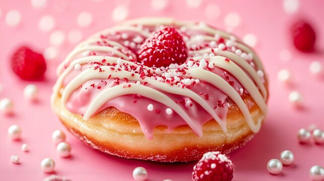 Raspberry-filled donut with white chocolate drizzle, isolated on a bright pink background with decorative sugar pearls