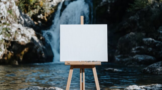 A blank canvas mockup on an easel set against a waterfall backdrop is perfect for art related content and workshops.