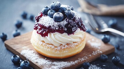 Vanilla cream-filled donut with blueberry compote, isolated on a wooden board with scattered blueberries