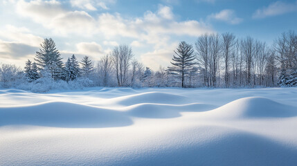 Obraz premium Snow-covered landscape with rolling hills and trees surrounded by a clear winter sky