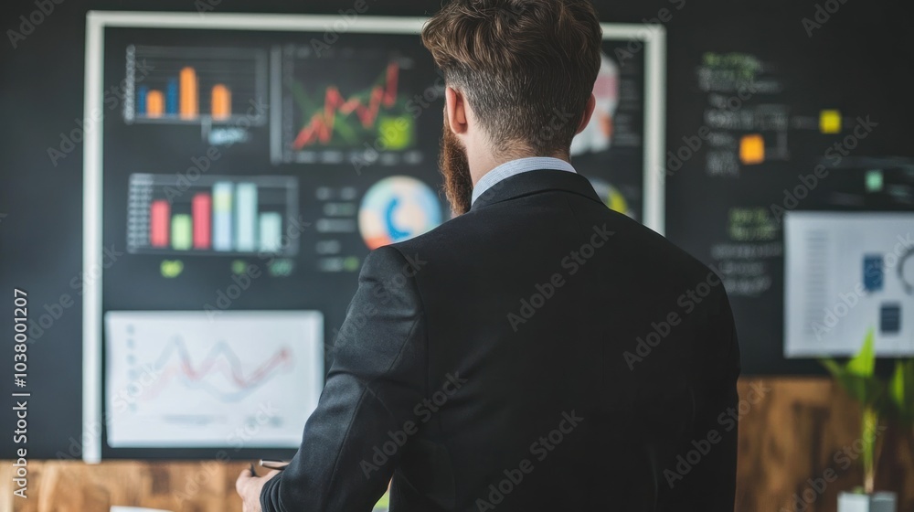 Poster businessman analyzing data on graphs in office environment with chalkboard and charts