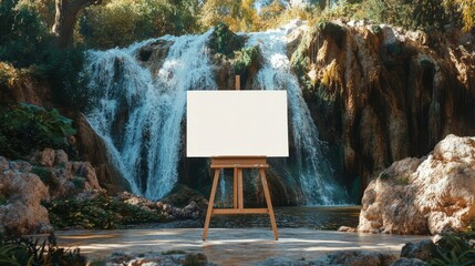 A blank canvas mockup on an easel set against a waterfall backdrop is perfect for art related content and workshops.