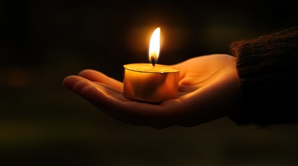 A person holding a lit candle in their palm, symbolizing warmth and contemplation.