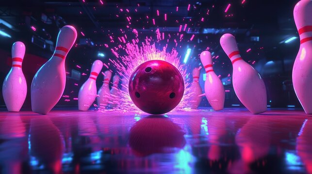 A vibrant bowling ball hurtling towards a set of pins, with dramatic scattering captured against a dark background.
