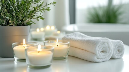 A serene spa setting with candles, towels, and a plant, promoting relaxation and wellness.