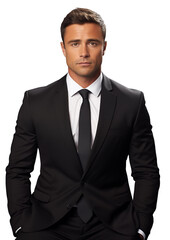 Man in a black office suit on a transparent background