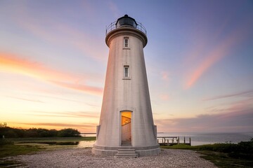 A lighthouse standing tall against a serene backdrop of a sunset