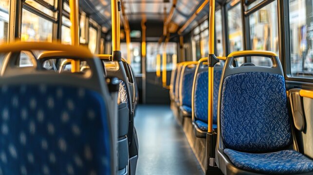 Interior of a city bus with empty seats and a clean, organized layout