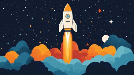 Rocket Launch Amidst a Starry Night in Vibrant Cosmic Scene