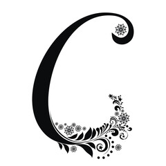 letter C isolated on white. Romantic letter of beautiful snowflake. Snowflake pattern letter. Vector Illustration