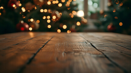 A cozy wooden table set against a festive backdrop with Christmas lights and decorations