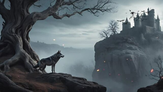 A wolf on a cliff with a view of an ancient castle. Seamless 4K looping timelapse video animation background