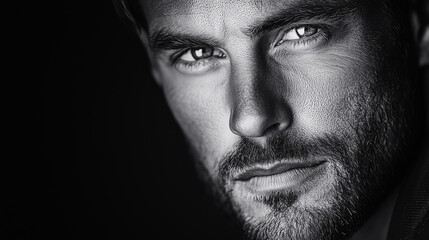 Obraz premium Black and white portrait of a handsome young man with a captivating gaze, highlighting his masculine features and intense expression