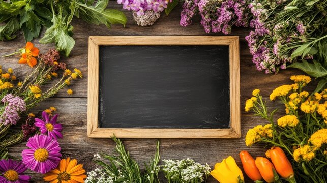 Blank Chalkboard Surrounded by Colorful Flowers
