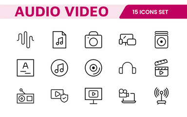 Audio Video Icons Pack. Thin line icons set. Flat icon collection set. Simple outline icons.