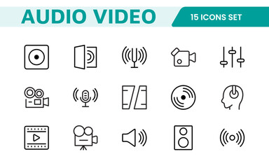 Audio Video Icons Pack. Thin line icons set. Flat icon collection set. Simple outline icons.