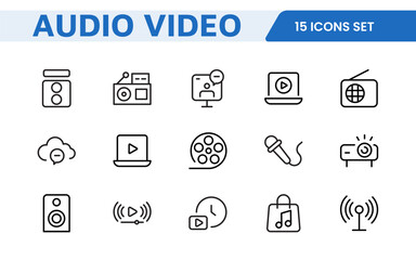 Audio Video Icons Pack. Thin line icons set. Flat icon collection set. Simple outline icons.