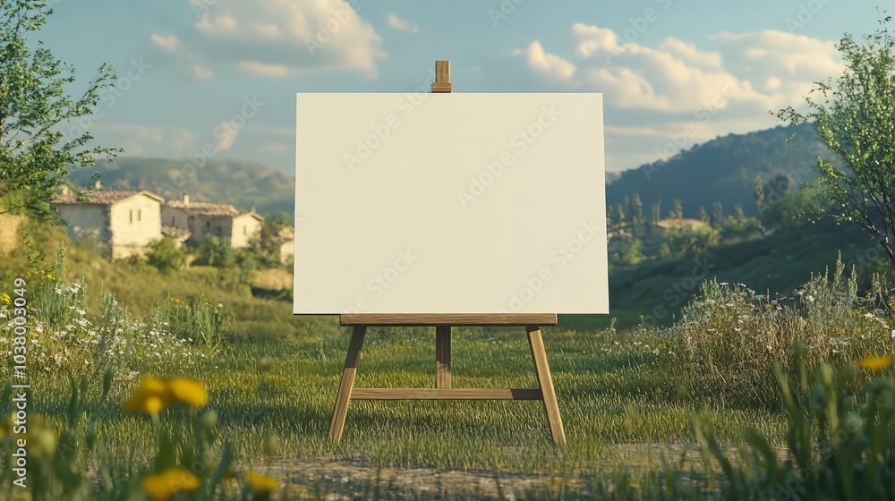 Poster a blank canvas mockup on an easel set against a beautiful village backdrop is perfect for art relate