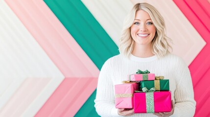 Smiling woman holding colorful presents with a vibrant pink and green holiday background.
