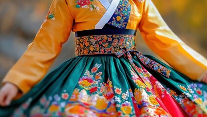 Naklejka premium Cultural Elegance: Closeup of Colorful Skirt and Patterned Belt on Korean Woman's Dress