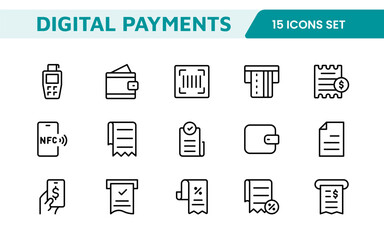 Digital Payments Icon Set. Sleek and modern icons for e-commerce, online transactions, and fintech apps, designed to enhance user interfaces and streamline payment processes.