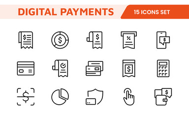 Digital Payments Icon Set. Sleek and modern icons for e-commerce, online transactions, and fintech apps, designed to enhance user interfaces and streamline payment processes.