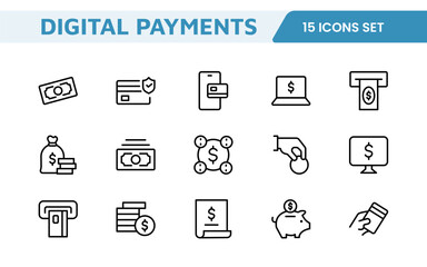 Digital Payments Icon Set. Sleek and modern icons for e-commerce, online transactions, and fintech apps, designed to enhance user interfaces and streamline payment processes.