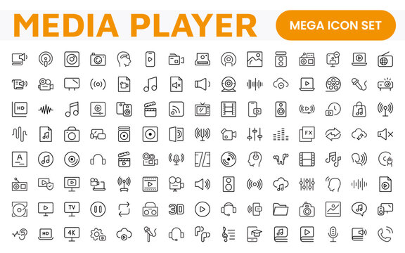 Audio Video Icons Pack. Thin line icons set. Flat icon collection set. Simple outline icons.
