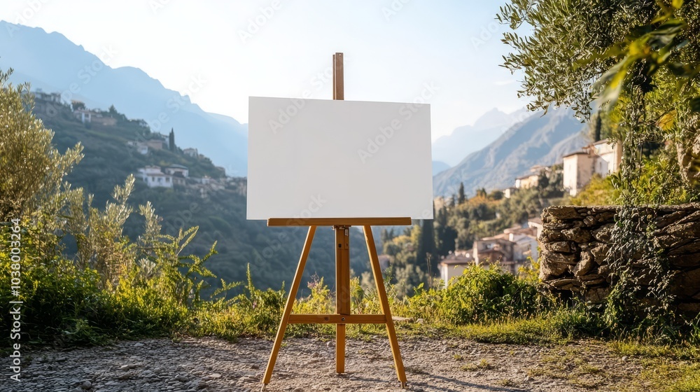Poster a blank canvas mockup on an easel set against a beautiful village backdrop is perfect for art relate