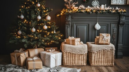 Obraz premium Elegant Christmas tree and wrapped gifts beside a dark fireplace in a cozy room.
