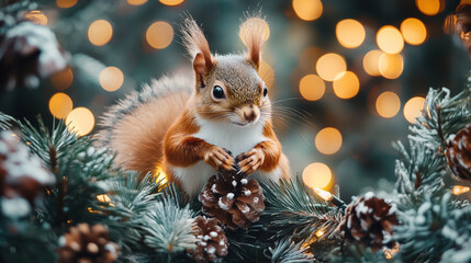 A curious squirrel perched on pinecone among snow-covered branches during winter season
