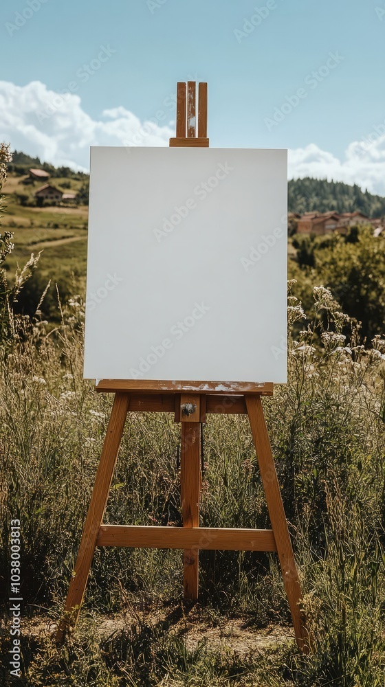 Poster a blank canvas mockup on an easel set against a beautiful village backdrop is perfect for art relate