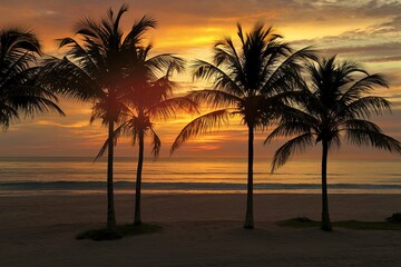 Silhouettes of palm trees against a vibrant orange and yellow sunset over the ocean