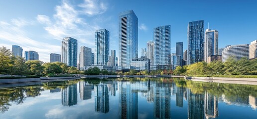 Modern skyscrapers reflected in a calm pond with lush greenery in the foreground, under a blue sky with white clouds.