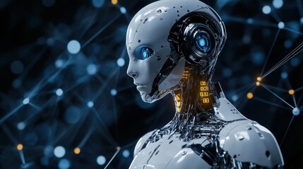 Futuristic humanoid robot with glowing features against a digital backdrop.
