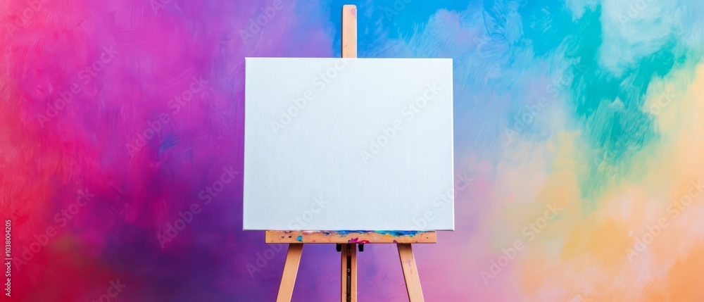 Poster a blank canvas mockup on an easel set against a rainbow background is perfect for art related conten