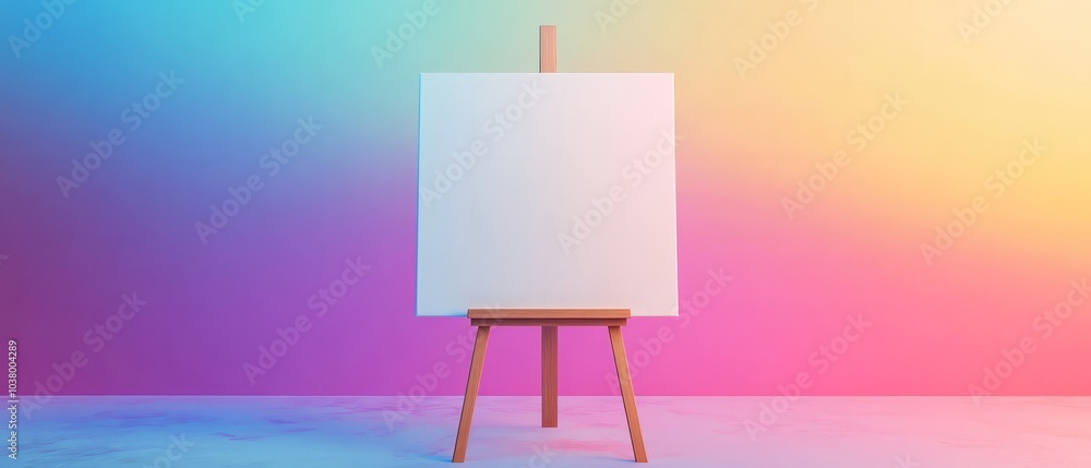 Poster a blank canvas mockup on an easel set against a rainbow background is perfect for art related conten