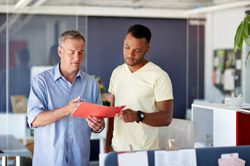 Business, men and office with file in meeting for update with report, feedback and ideas as project...