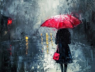 Woman Walking in the Rain with Red Umbrella - Cityscape Painting