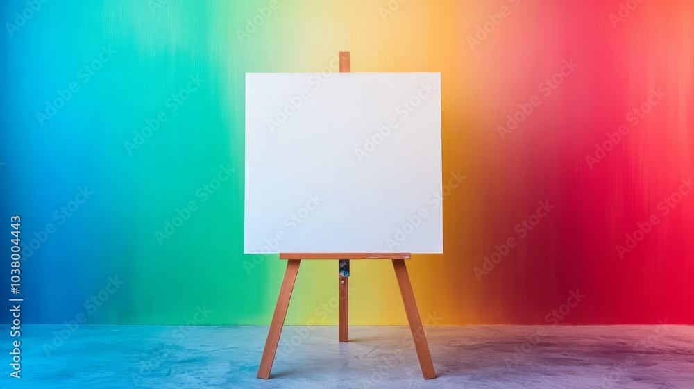 Poster a blank canvas mockup on an easel set against a rainbow background is perfect for art related conten