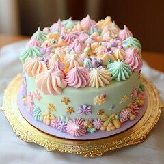 A whimsical cake with pastel-colored frosting and fun decorations, perfect for a birthday or celebration